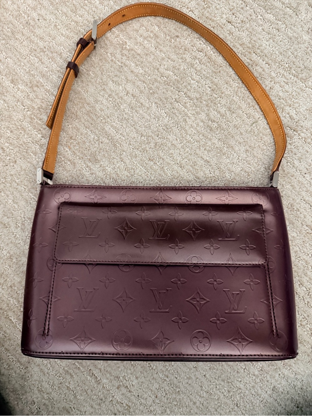Louis Vuitton Plum Monogram Vernis Shoulder Bag with Tan Strap